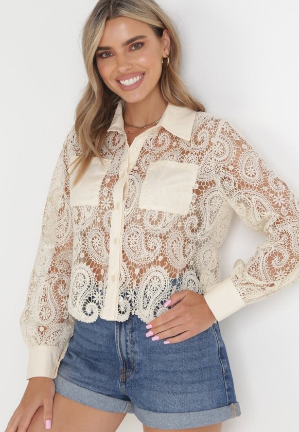 Jasnobeżowa Ażurowa Koszula z Kieszeniami Clarimonda