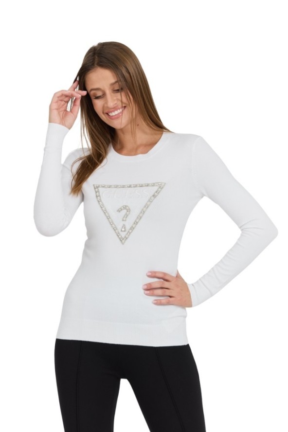 GUESS Biały damski sweter Rylie Triangle z dużym logo, Rozmiar L