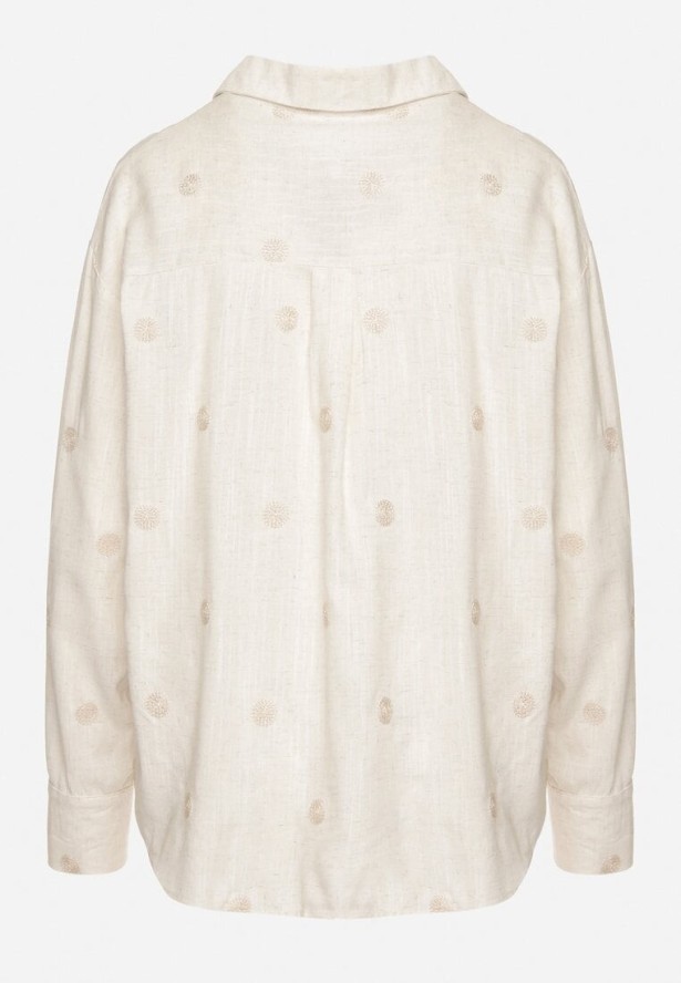 Beżowa Koszula z Wiskozą i Lnem Ozdobiona Haftem Lisarena