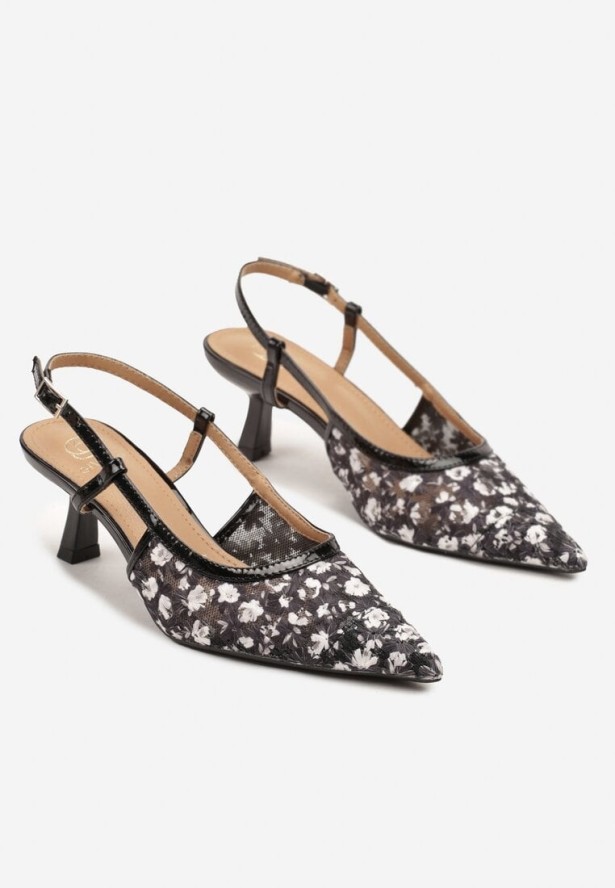 Czarne Sandały Slingback z Siateczki w Kwiatki na Obcasie Typu Kaczuszka Lisanis