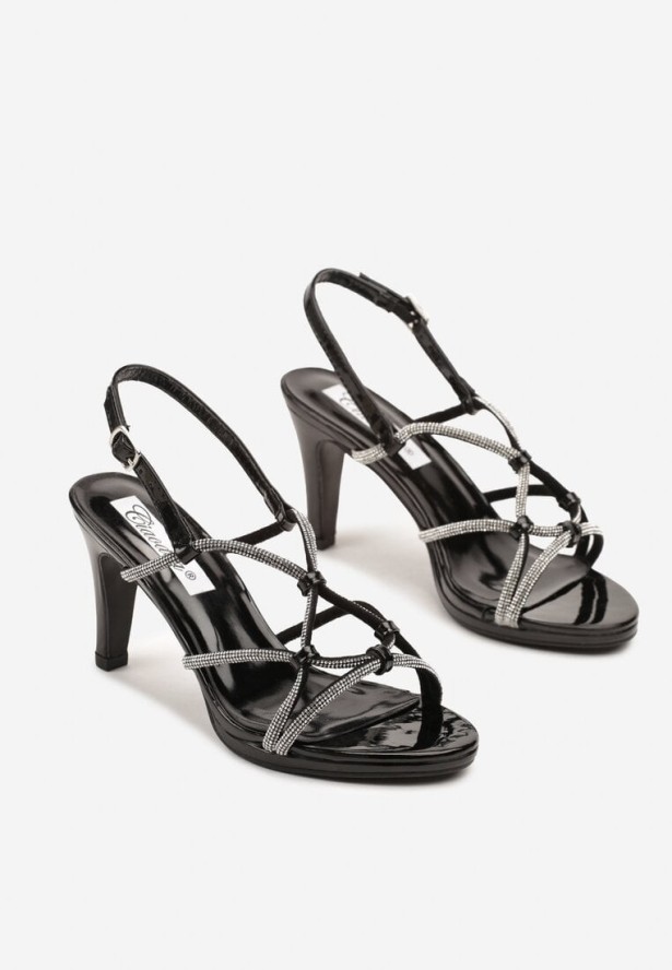 Czarne Sandały Szpilki z Lakierowanym Połyskiem i Cyrkoniami Zilienne