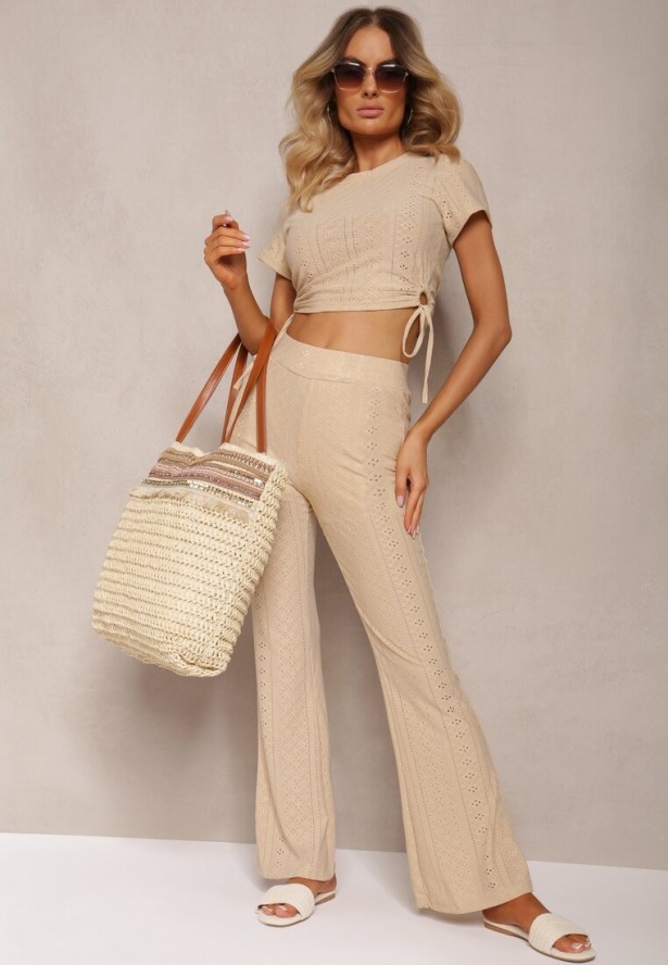 Beżowa Pleciona Duża Torebka Ozdobiona Frędzlami Rivarasia