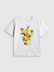 4F T-shirt boxy z nadrukiem damski - biały M
