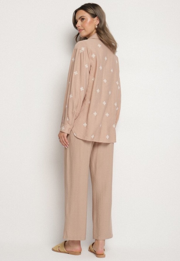 Ciemnobeżowy Komplet z Wiskozy o Kroju Oversize Koszula z Haftem i Spodnie Sadeonna