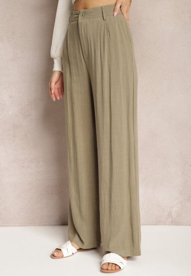 Ciemnozielone Szerokie Spodnie High Waist z Lnu i Wiskozy Apoises