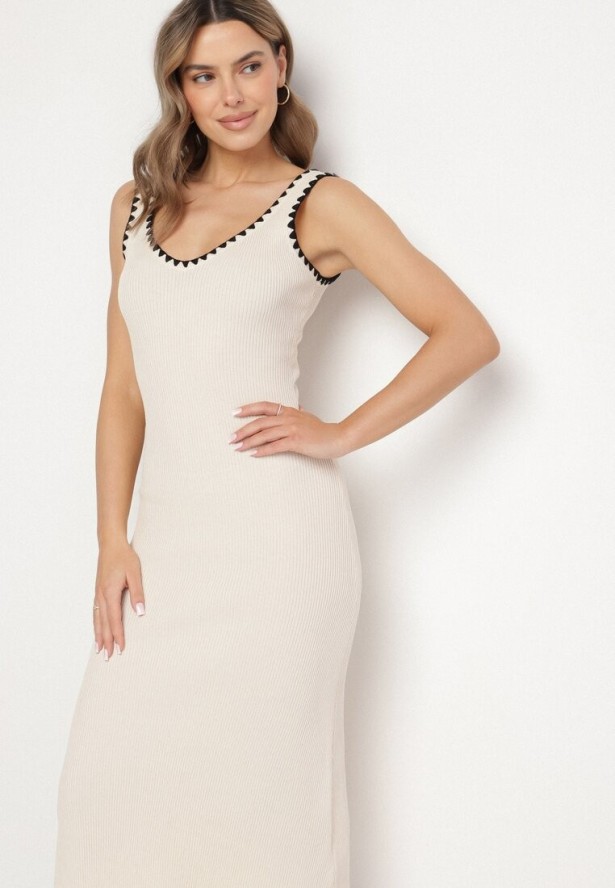 Beżowa Sukienka Dzianinowa o Taliowanym Kroju na Ramiączkach z Lamówką Zenlimi