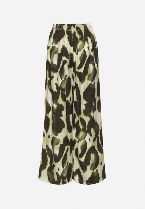 Jasnozielone Spodnie z Wiskozy o Szerokim Kroju z Wysokim Stanem w Panterkę Zelmara