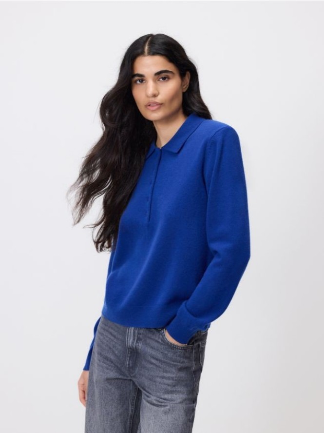 Wełniany sweter polo - niebieski