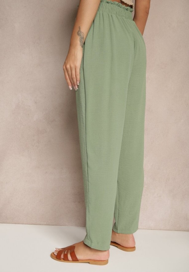 Zielone Spodnie High Waist Ozdobione Wiązanym Paskiem Araleira