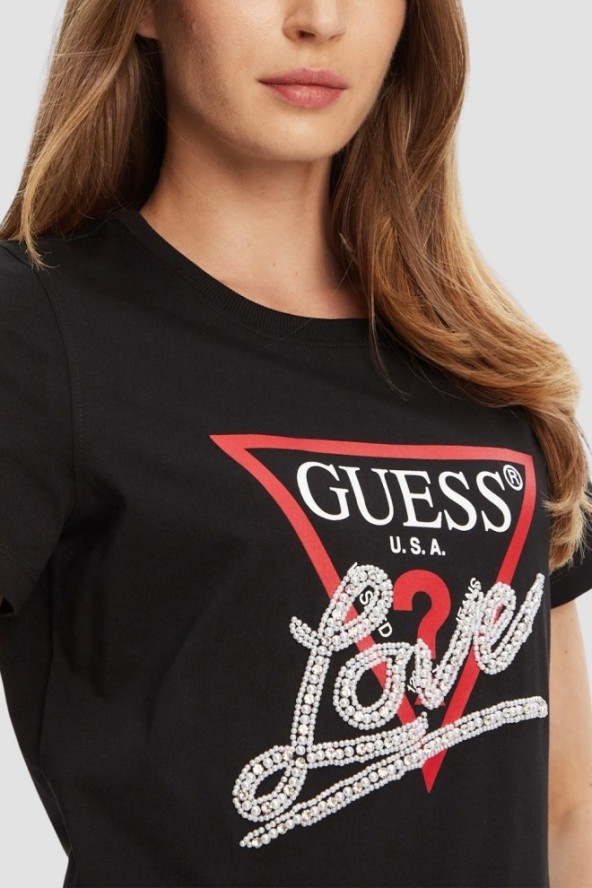 GUESS Czarny damski t-shirt Pearls Love, Rozmiar XL