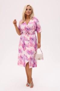 Kopertowa sukienka Florella MIDI - Akwarelowe Kwiaty, w odcieniach różu i fioletu PLUS SIZE XXL OVERSIZE