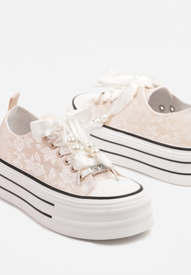 Różowe Trampki na Grubej Podeszwie z Perełkami Korami