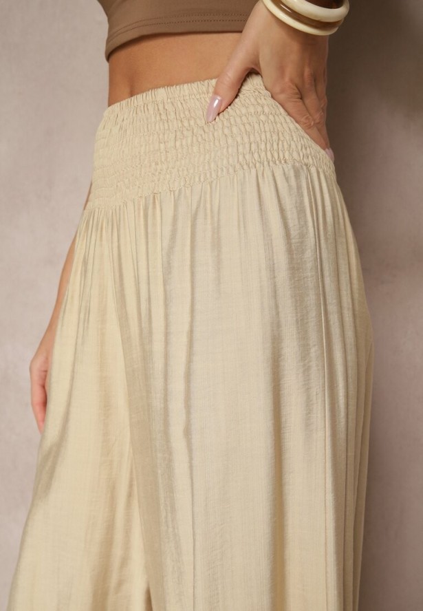 Beżowe Spodnie z Wiskozą o Szerokim Kroju High Waist Orrana