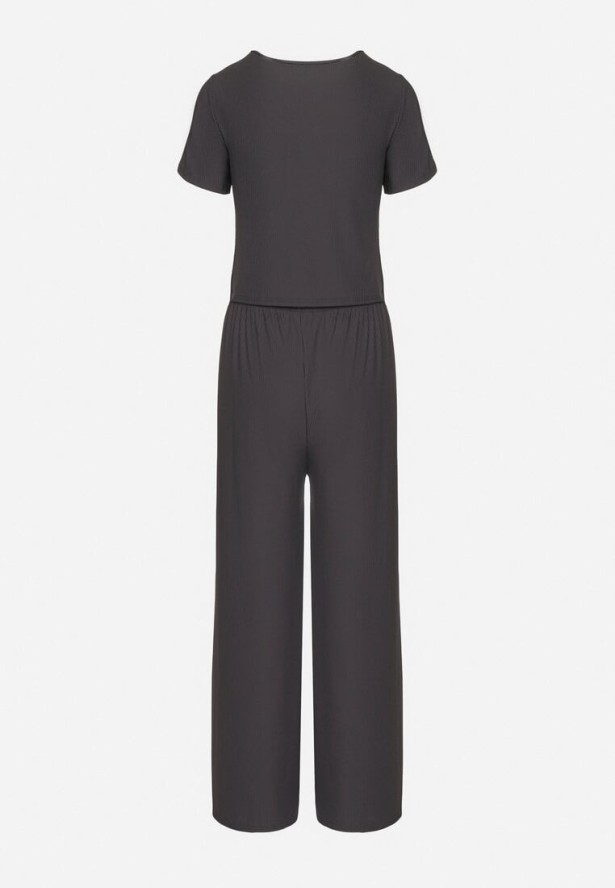 Ciemnoszary Komplet Top ze Ściągaczem Spodnie z Szerokimi Nogawkami i Gumką w Pasie Rolana