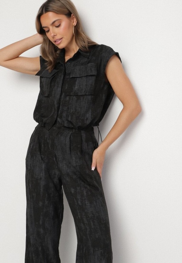 Czarny Komplet Koszula z Kieszeniami i Szerokie Spodnie Noltebis