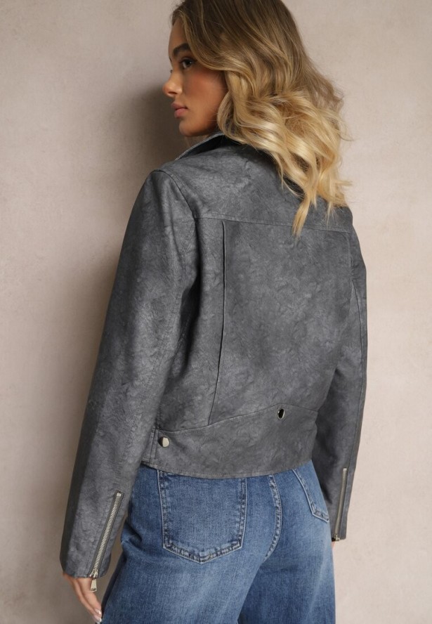 Szara Kurtka o Kroju Ramoneski z Paskiem ze Sprzączką i Kieszeniami Milvila