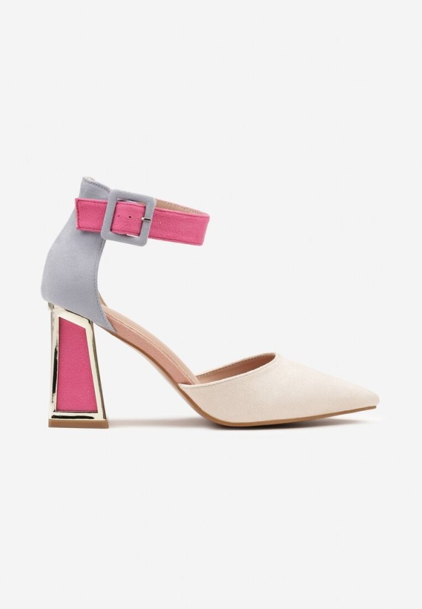 Beżowo-Różowe Czółenka na Stożku Ozdobione Paskiem Wokół Kostki i Metaliczną Aplikacją Tiliri