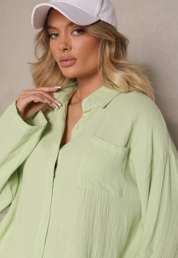 Jasnozielony Komplet z Bawełny Szorty i Koszula z Regulacją przy Rękawach Eleamari