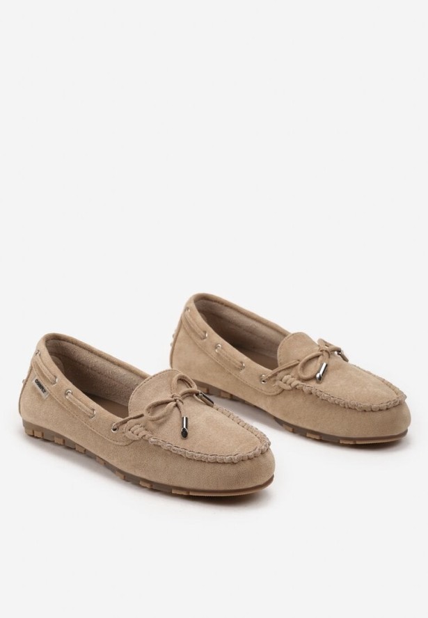 Ciemnobeżowe Mokasyny z Ozdobną Kokardką i Wiązaniami po Bokach Vimedia
