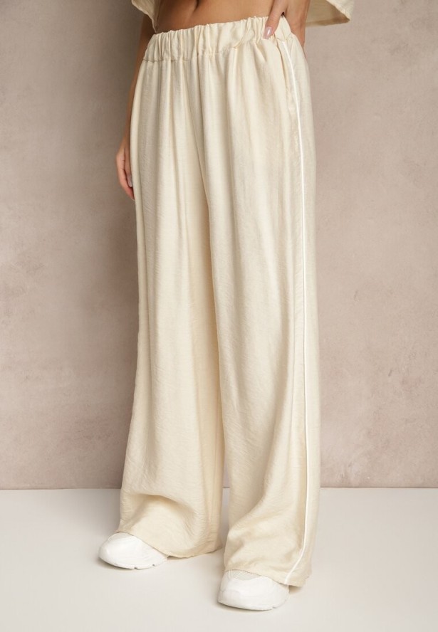 Jasnobeżowy Komplet z Wiskozy Koszula o Krótkim Kroju i Szerokie Spodnie Daviriana