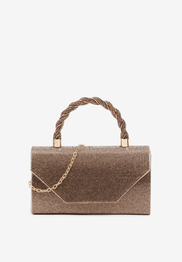 Złota Cyrkoniowa Torebka Kopertówka Zapinana na Magnes z Rączką i Łańcuszkiem Alatia