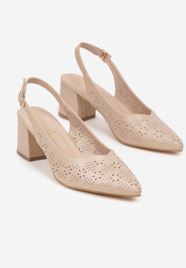 Ciemnobeżowe Ażurowe Sandały Vices na Obcasie Bez Pięty ze Skórzaną Wkładką Atirione