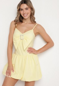 Żółta Sukienka Bombka na Cienkich Ramiączkach z Kokardą i Cyrkoniami Paliandria