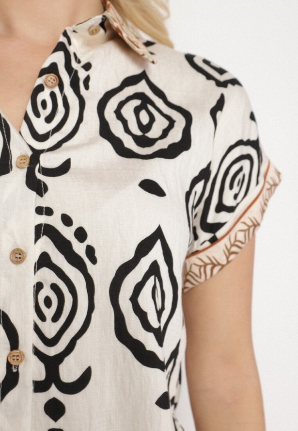 Beżowo-Czarna Koszula z Wiskozą na Krótki Rękaw w Etniczny Wzór Avineria