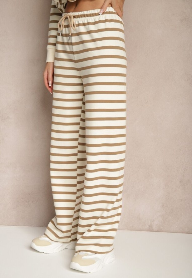 Beżowe Szerokie Spodnie Dresowe z Bawełną Ozdobione Paskami i Sznurkami Fenilira