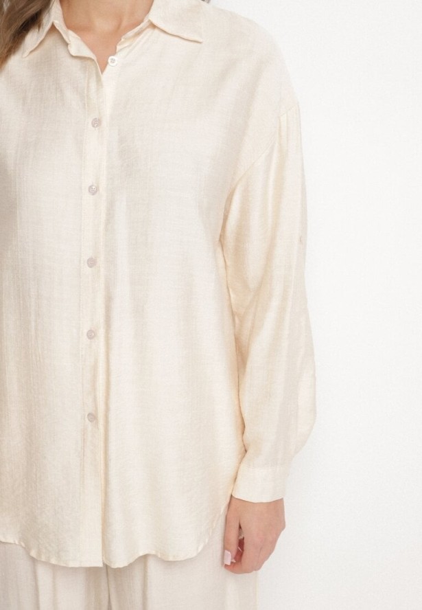 Jasnobeżowy Komplet z Wiskozy Koszula i Spodnie Sesanila