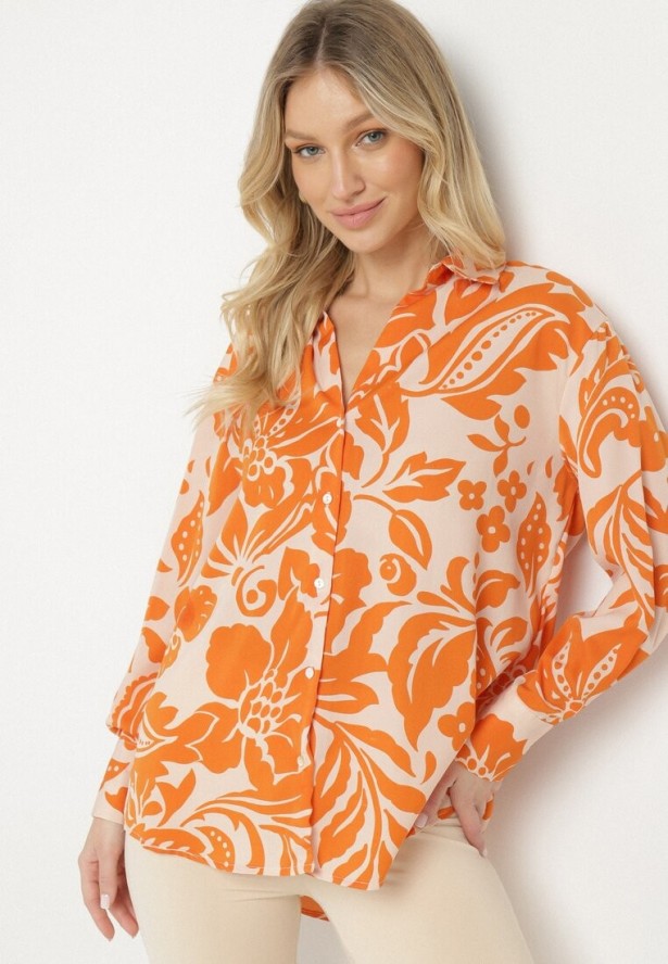 Pomarańczowa Koszula o Luźnym Fasonie w Kwiatowy Wzór Edala