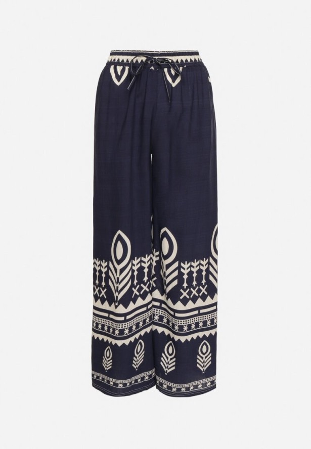 Granatowe Wiskozowe Spodnie o Szerokim Kroju z Etnicznym Wzorem Mileldi