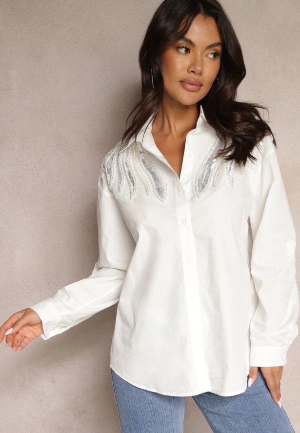 Biała Bawełniana Koszula z Cekinami Donithiel
