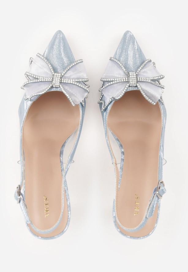Niebieskie Szpilki VICES Slingback z Kokardą Cyrkoniami i Transparetną Wstawką Kalilise