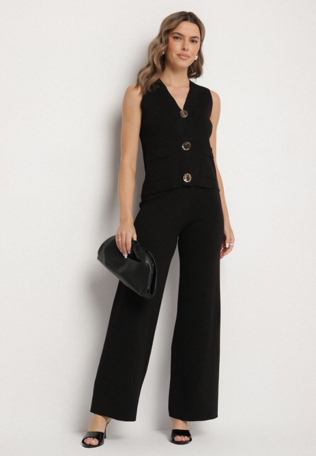 Czarny Komplet Dzianinowy z Kamizelką i Szerokimi Spodniami Weorina