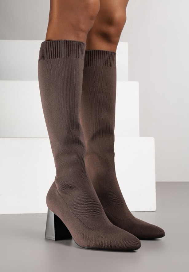 Brązowe Eleganckie Kozaki VICES na Słupku ze Skarpetkową Cholewką Mialles