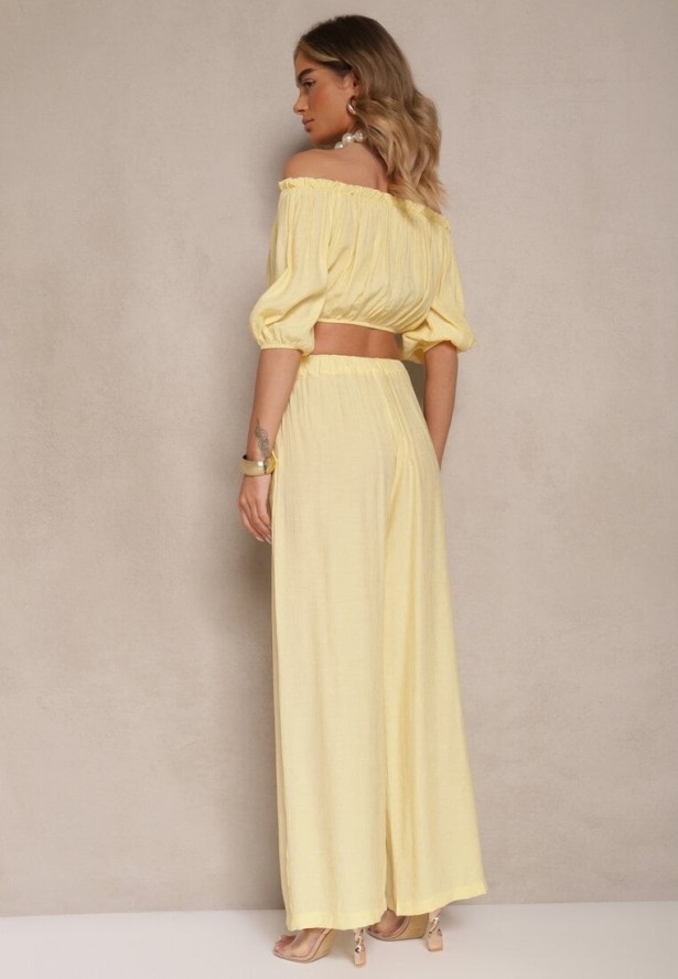 Żółty Komplet Spodnie o Szerokim Kroju i Bufiasta Bluzka Idalisse