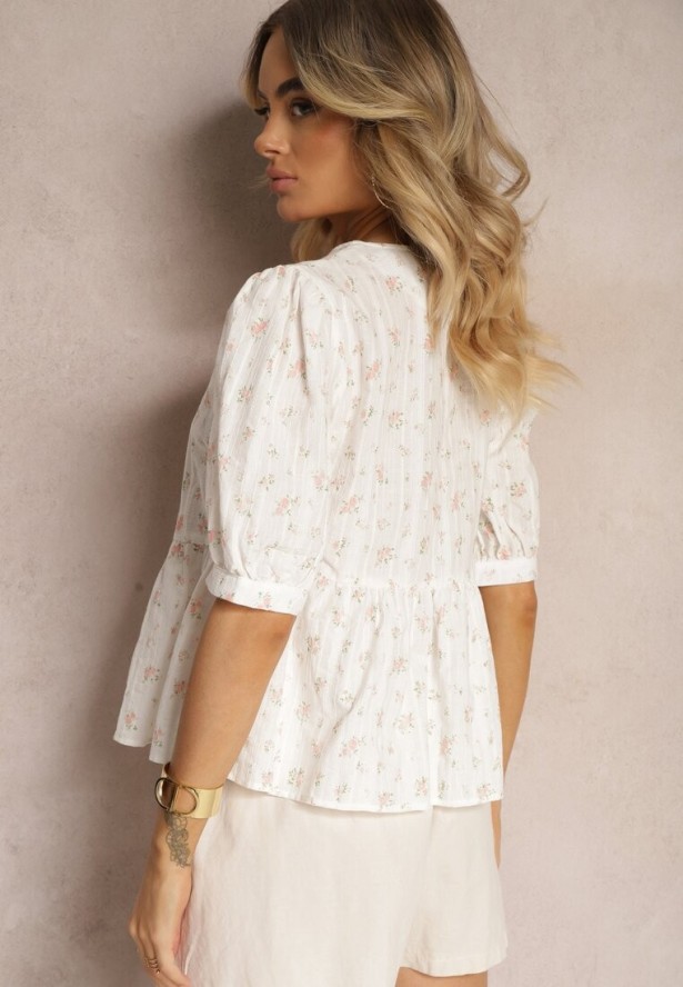 Beżowa Bluzka z Bawełny z Krótkim Rękawem i Ozdobnymi Wiązaniami z Przodu Rinsara