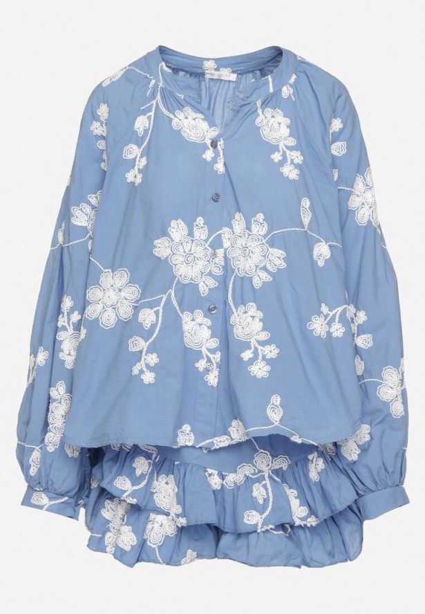 Niebieski Bawełniany Komplet Koszula z Szerokimi Rękawami i Spódnico-Spodenki Savrise