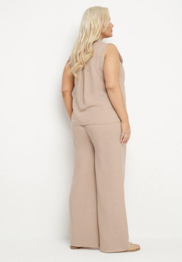 Ciemnobeżowy Komplet Koszula bez Rękawów i Szerokie Spodnie z Gumką w Pasie Telanwena