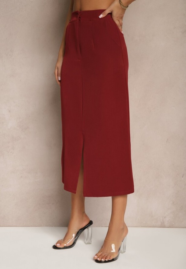 Bordowa Spódnica Ołówkowa z Wiskozą High Waist z Rozcięciem Semivinia