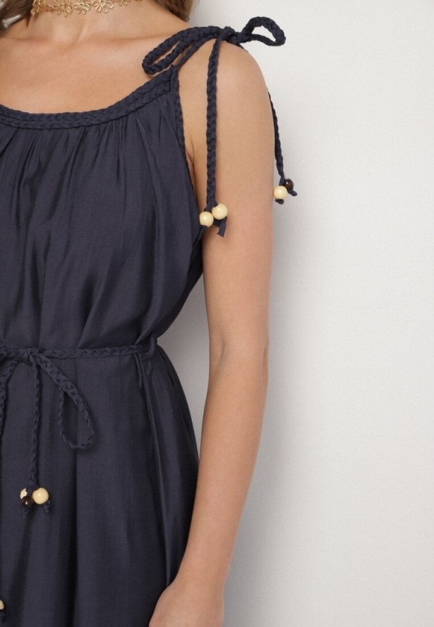 Granatowa Sukienka z Wiskozy na Wiązanych Ramiączkach z Plecionym Paskiem Mirazelia