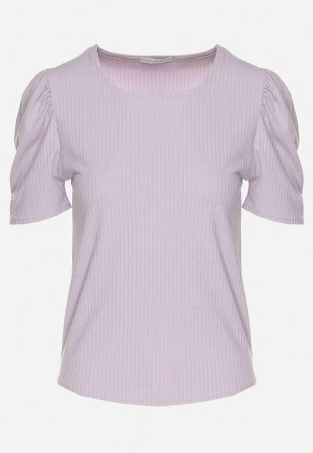Jasnofioletowy Prążkowany T-shirt z Zakładkami przy Rękawach Kolanovia