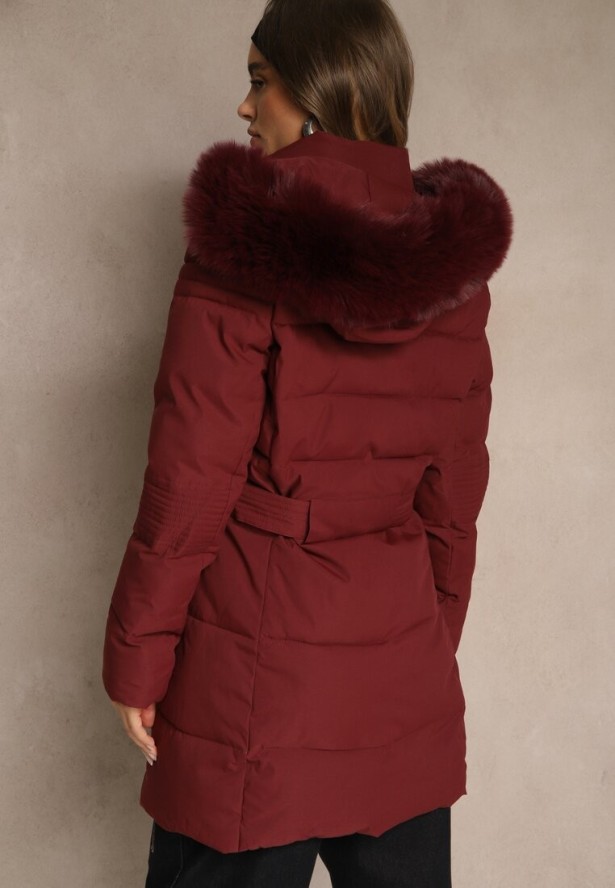 Bordowa Pikowana Kurtka Zimowa z Kapturem z Futerkiem Goella