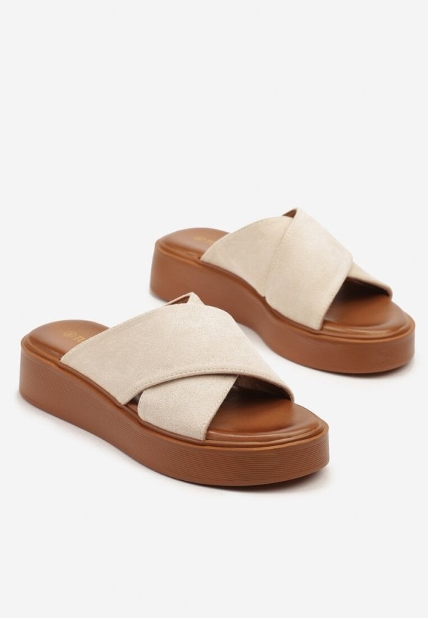 Beżowe Klapki na Grubej Podeszwie z Szerokimi Paskami Tosvene