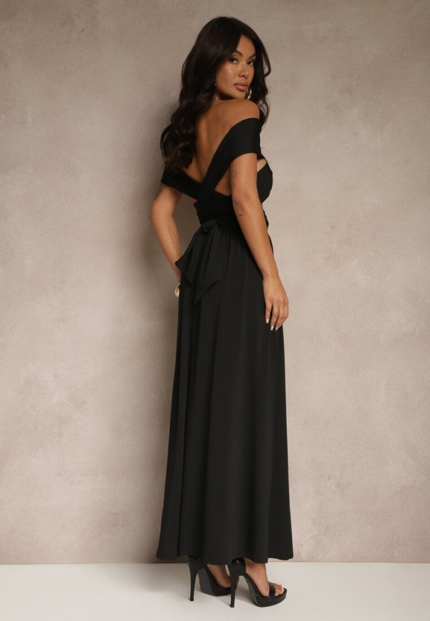 Czarna Sukienka Koktajlowa Multiway z Wiskozą Wiązana na Szyi Lilovea