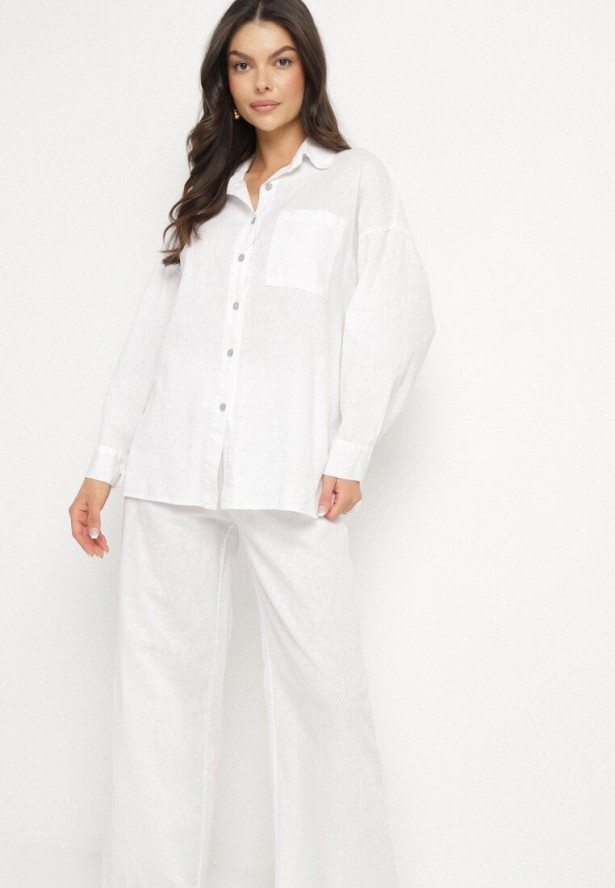 Biały Komplet z Lnu i Bawełny Koszula i Szerokie Spodnie Fenelli