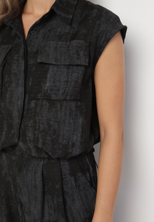 Czarny Komplet Koszula z Kieszeniami i Szerokie Spodnie Noltebis