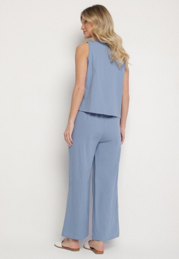Niebieski Komplet Bawełniany Koszulka bez Rękawów z Guzikami Spodnie z Gumką w Pasie Juliancella