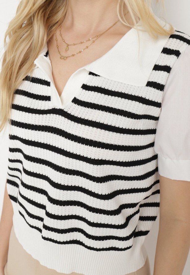 Biała Bluzka z Bufiastym Rękawem i Kamizelką w Paski Viwia